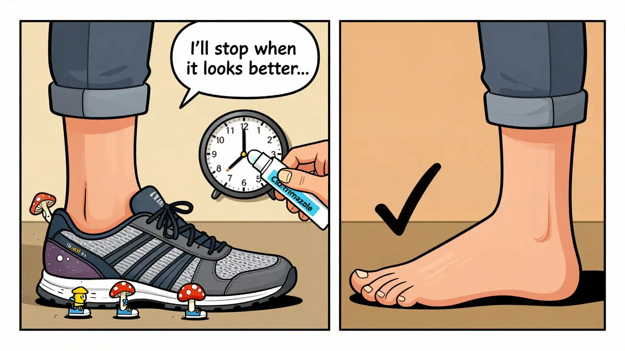 Man treating athlete’s foot with cream, time progression shown in comic panels