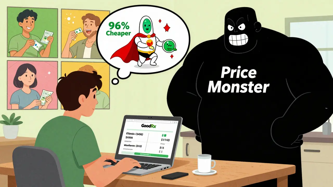 Patient comparing drug prices on a laptop, with a superhero pill defeating a price monster.