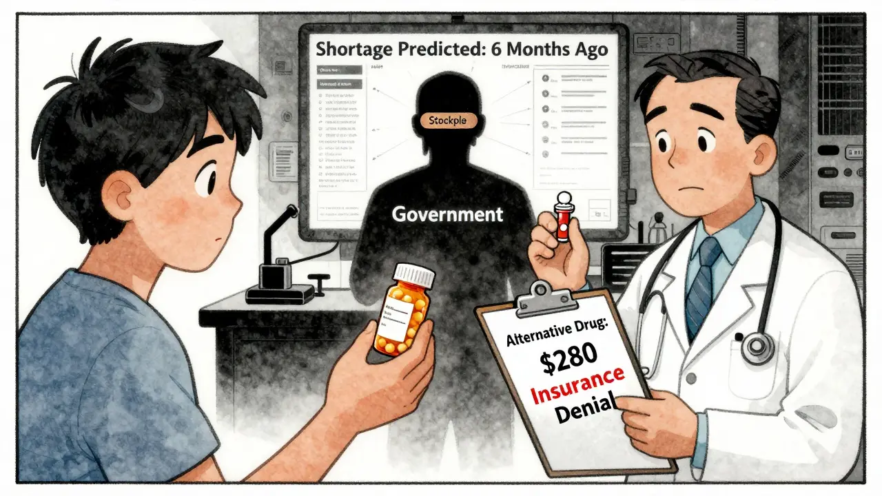 Patient holding empty pill bottle as doctor shows expensive alternative, government offers small Band-Aid solution.