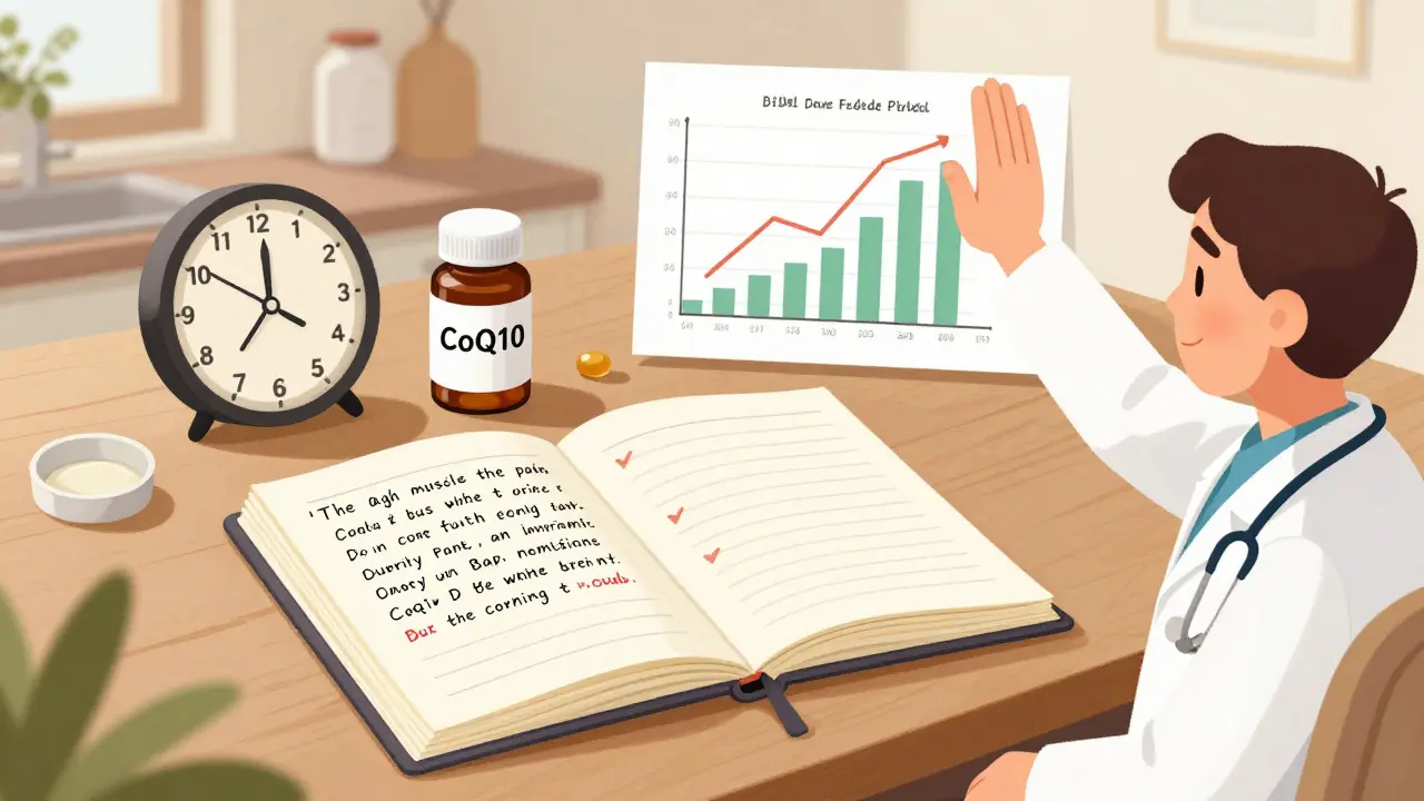 Patient journal with pain logs and vitamin D notes, doctor and patient high-fiving over LDL graph