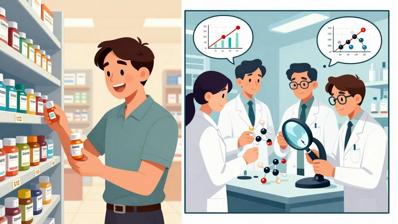 Patient receiving affordable generic medicine while scientists compare brand and generic drug molecules in a lab, illustrated in comic style.