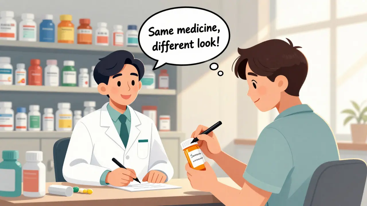 Patient writing a reassuring note on a pill bottle while pharmacist smiles, colorful generic bottles lined up in background.