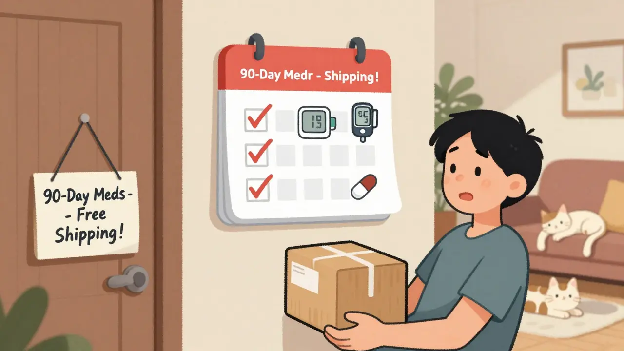 Person receiving mail-order 90-day medication package at home, calendar showing only four annual refills