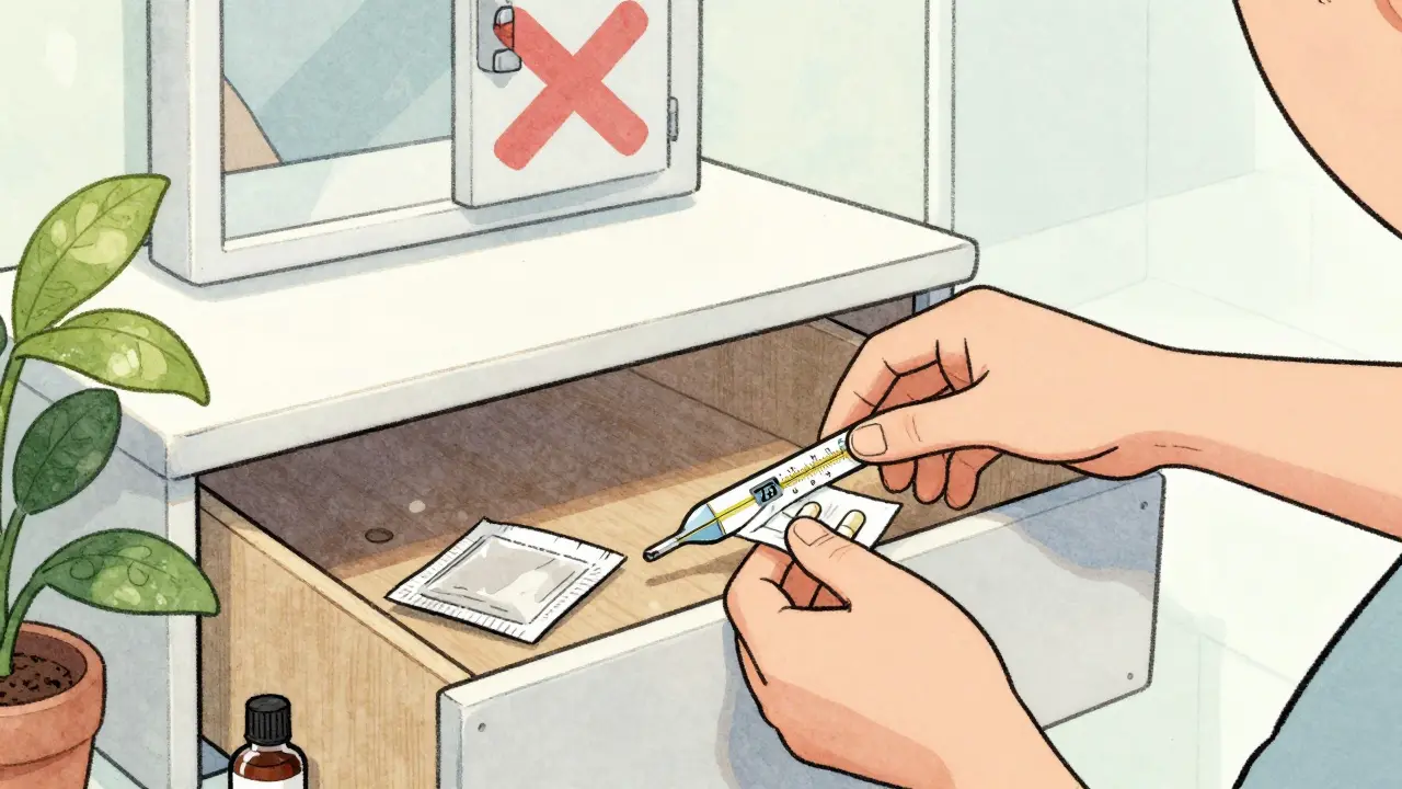 Person storing meds safely in a cool, locked drawer with desiccant packet.