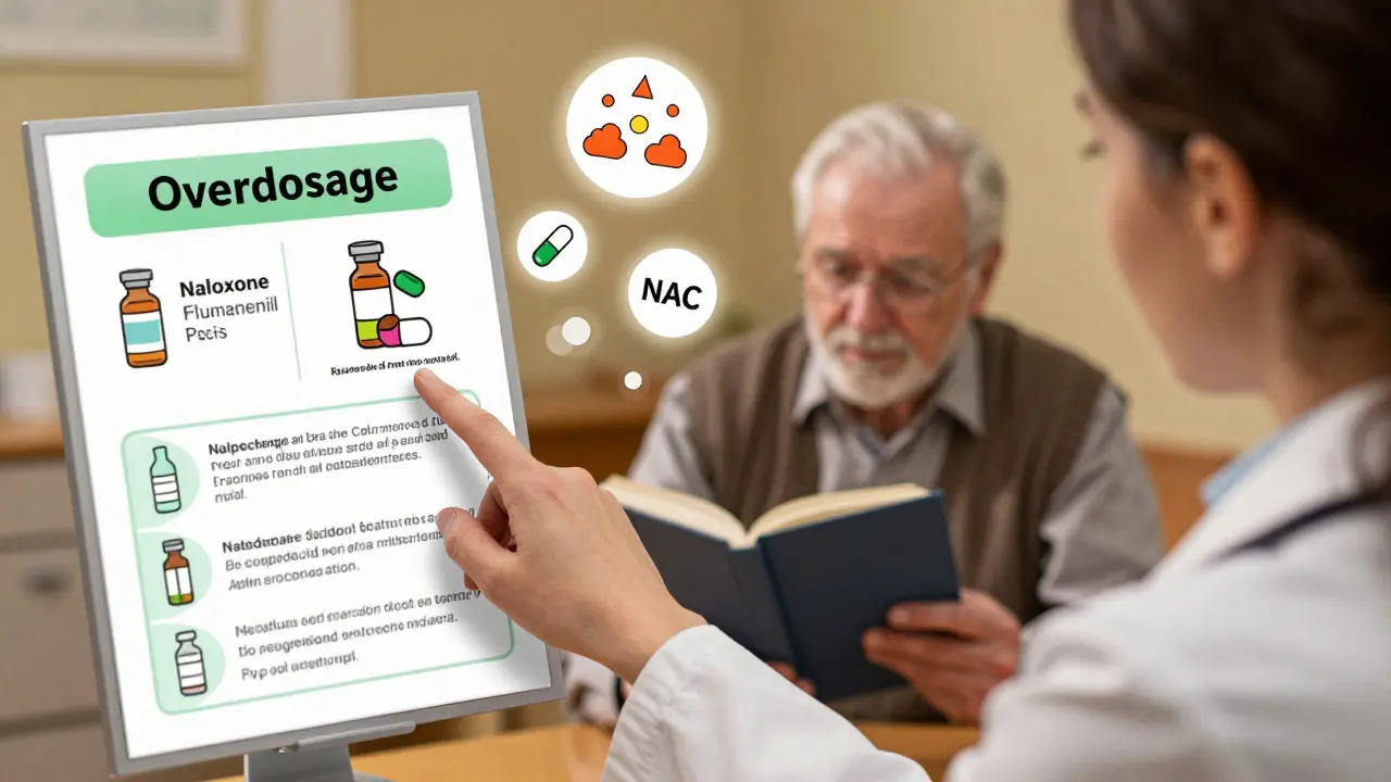 Pharmacist explaining overdose antidotes from a medication guide to a patient and family.