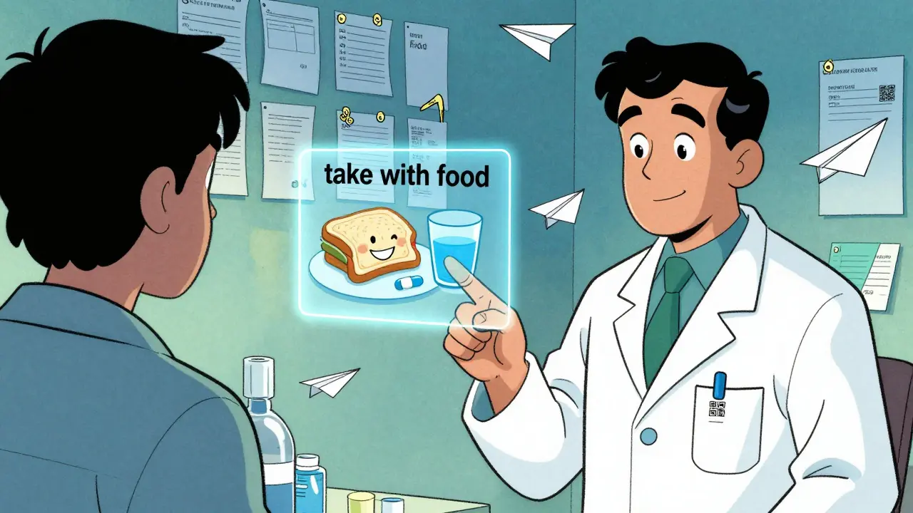 Pharmacist explains QR code warning to patient, hologram shows correct pill usage with food.