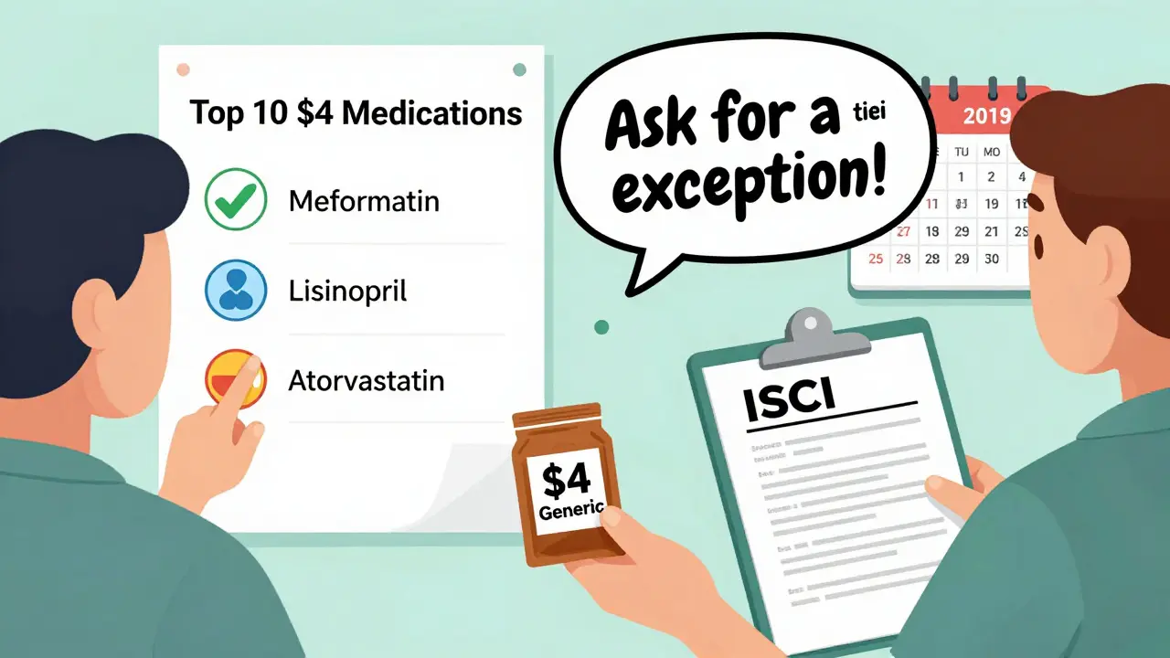 Pharmacist handing a low-cost generic medication to a patient with a price chart on the wall.