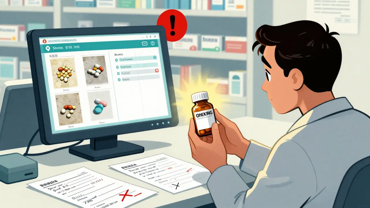 Pharmacist staring at an outdated digital drug database as a patient holds a mismatched pill bottle at the counter.