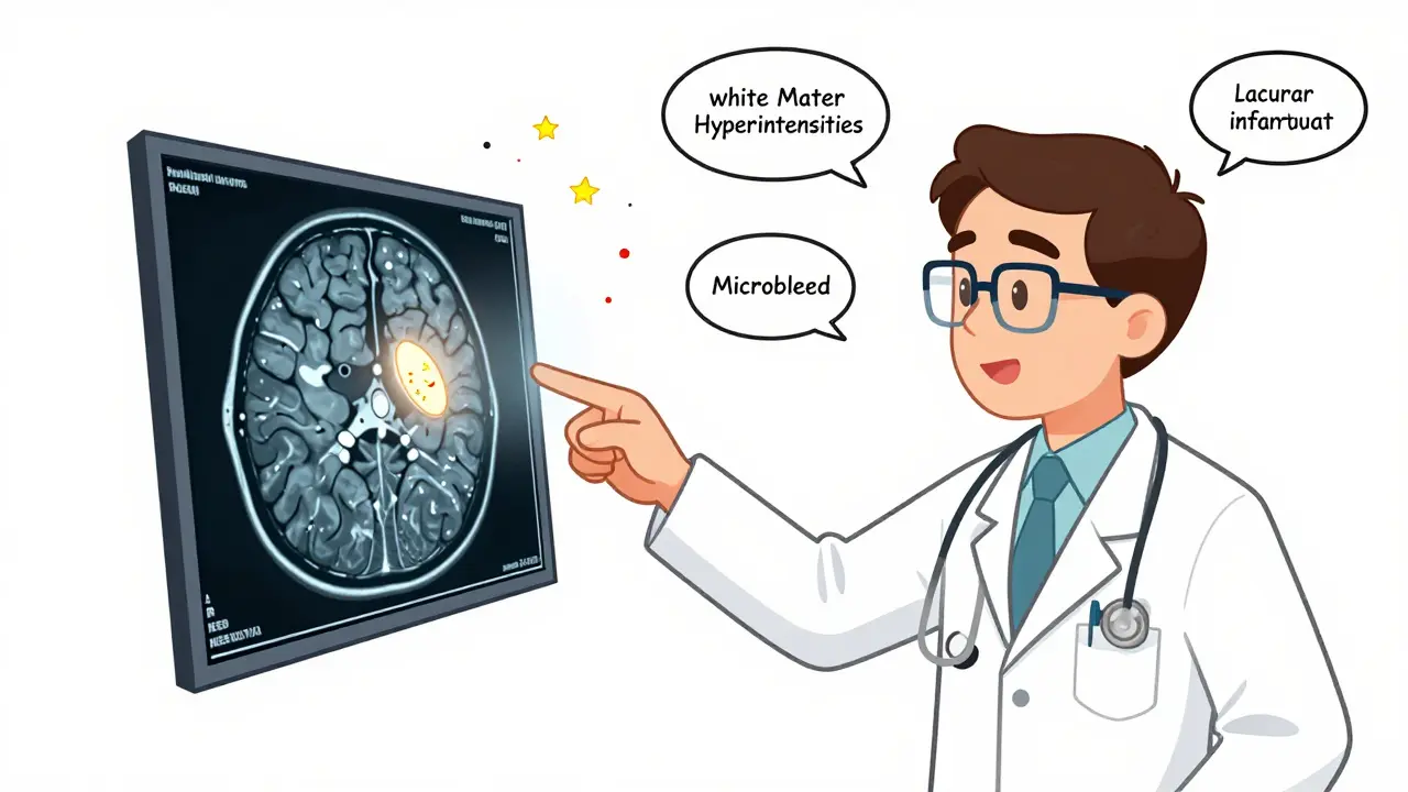 Radiologist explaining MRI findings with floating icons of brain abnormalities.