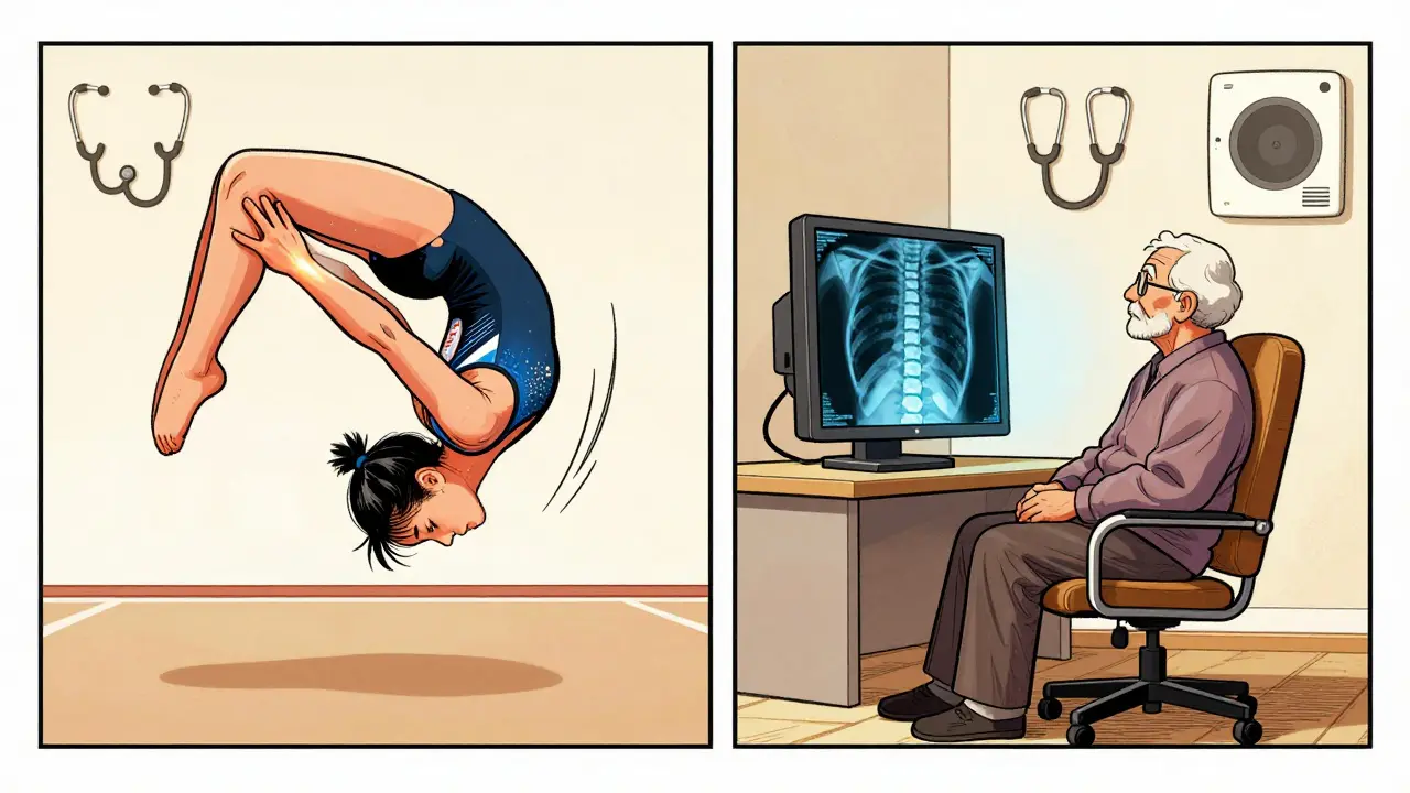 Side-by-side comic scenes: a young athlete with a spinal fracture and an elderly person with degenerative slip, medical icons around them.