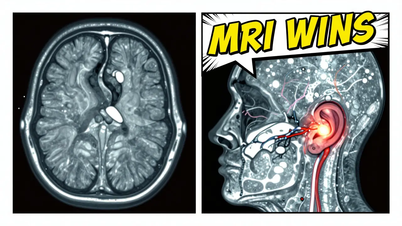 Side-by-side CT vs MRI comparison highlighting MRI's superior detail.