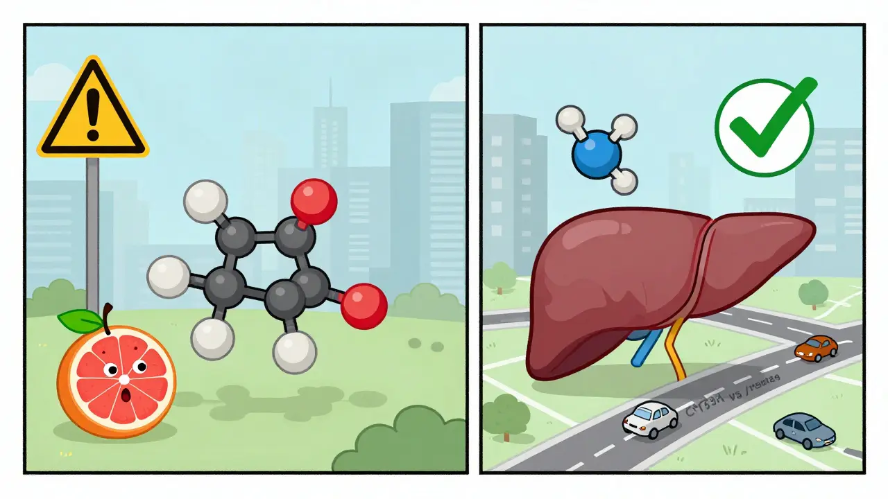 Side-by-side statin molecules: simvastatin with warnings vs. rosuvastatin with green checkmark and liver pathways