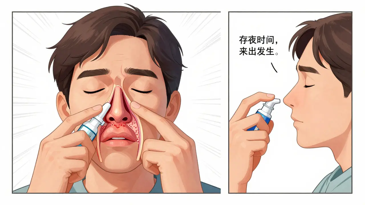 Someone correctly using a nasal spray with anatomical illustration showing reduced nasal inflammation.