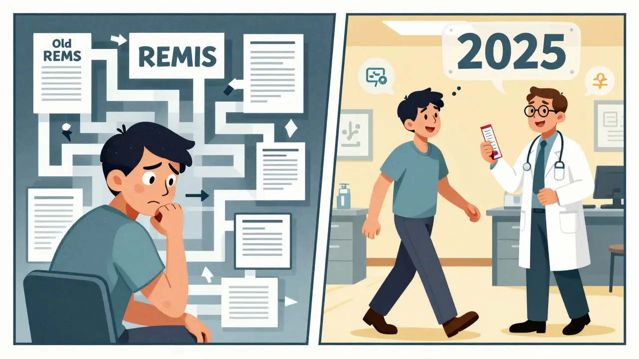 Split scene: patient freed from REMS paperwork maze into modern, trusting healthcare setting.