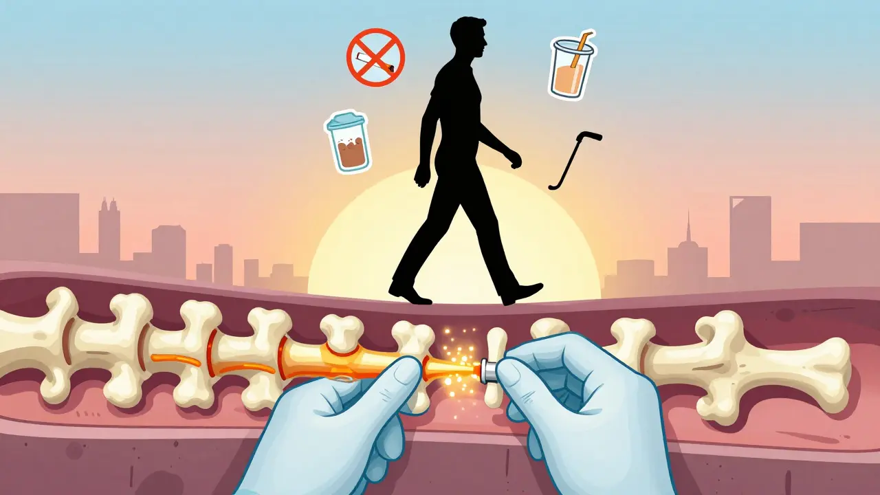 Stylized spinal fusion surgery with glowing bone graft, patient walking forward, icons of healthy habits floating nearby.
