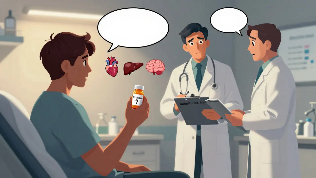 Transplant patient surrounded by worried medical icons as pharmacists and doctors argue over substitution.