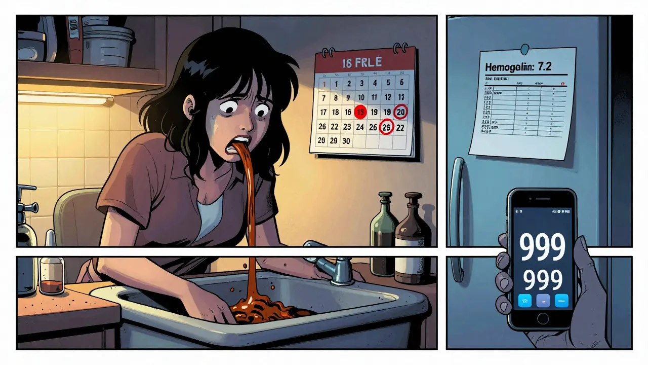 Woman vomits coffee-ground material in kitchen, medical calendar highlights first 90 days of drug use.