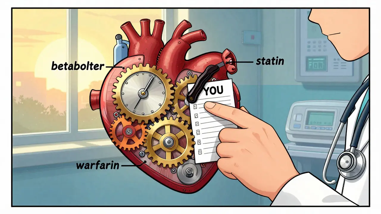 A clockwork heart with gears jammed by supplements, a person inserting a safety checklist to fix the system.