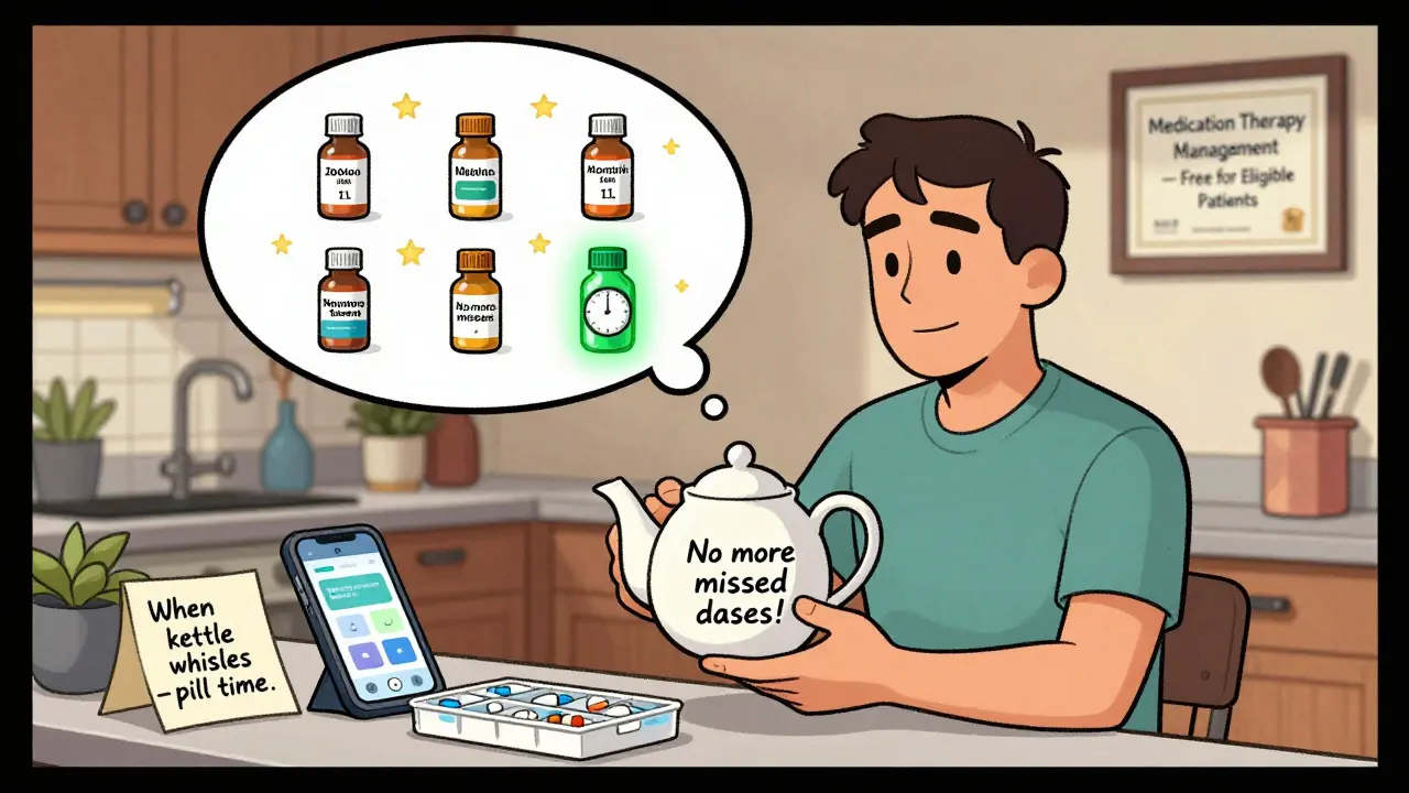 A man holds a teapot as his six medications float around him in a thought bubble with a 11-month adherence streak.