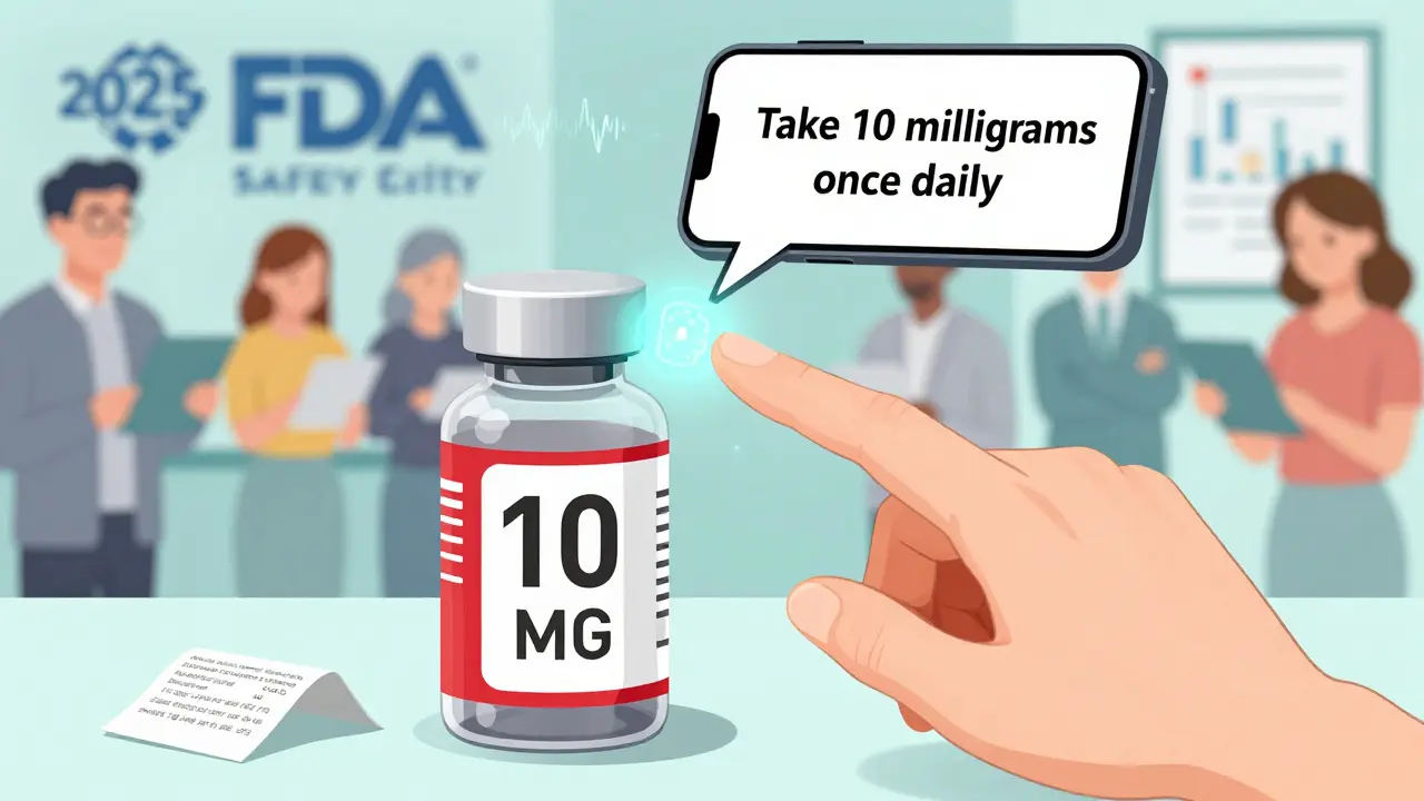 A modern prescription label with red border and NFC chip, being scanned by a smartphone that projects voice instructions, beside an old faded label being discarded.