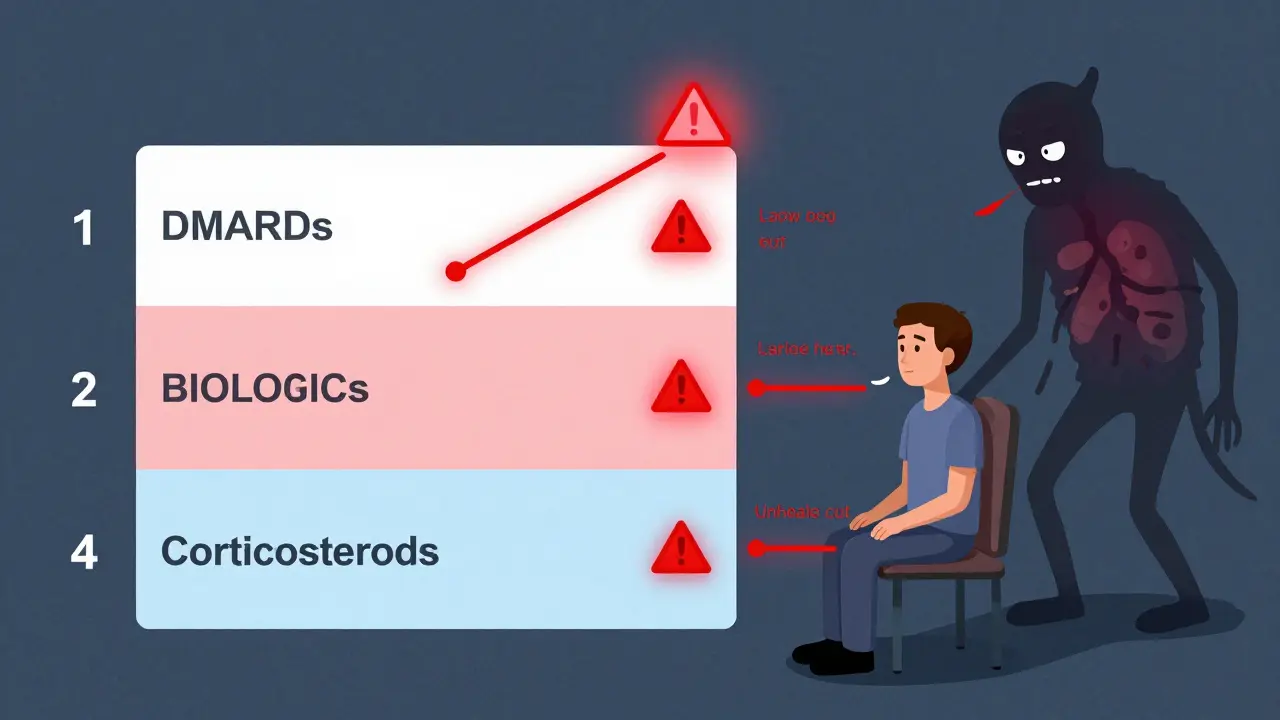 A patient with a shadowy pneumonia monster behind them, marked by subtle infection warning signs.