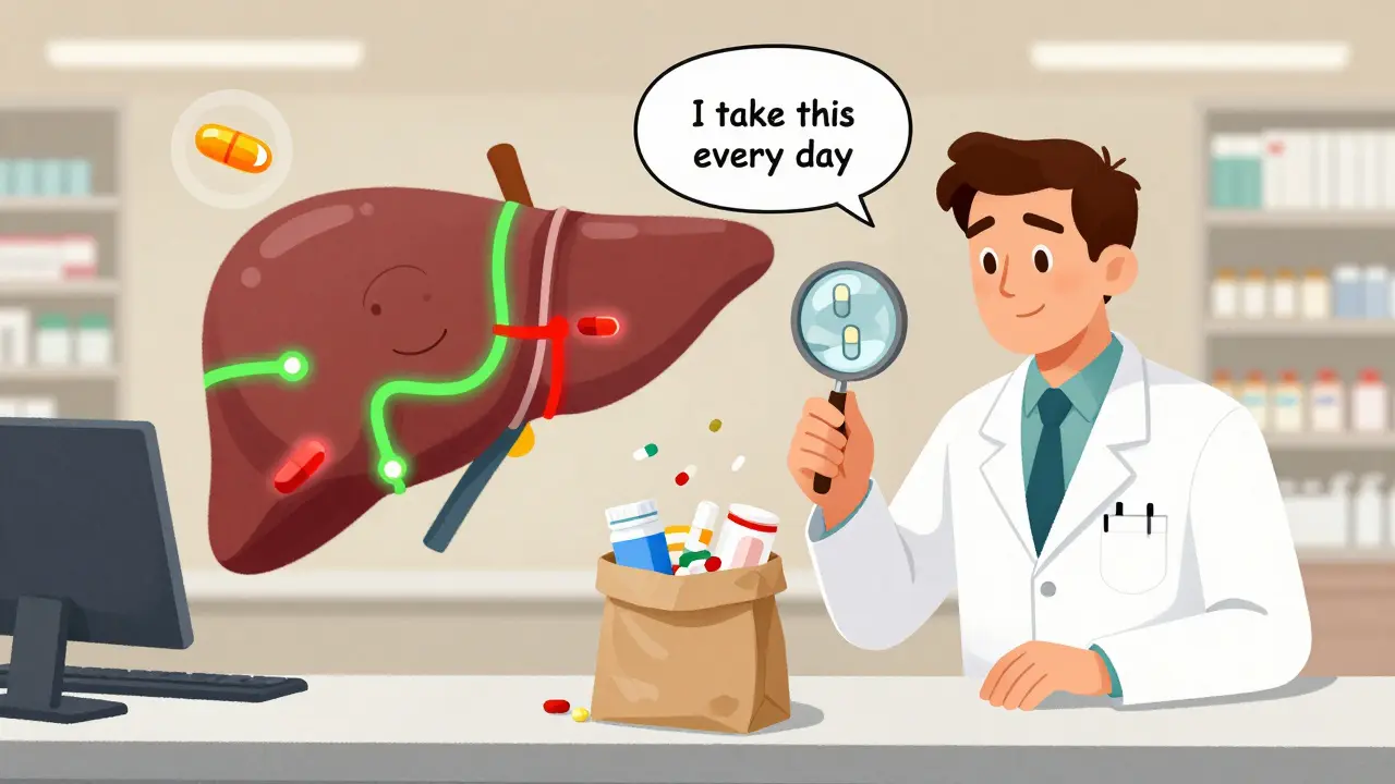 A pharmacist examining a brown bag of medications with a magnifying glass, liver showing conflicting drug pathways.