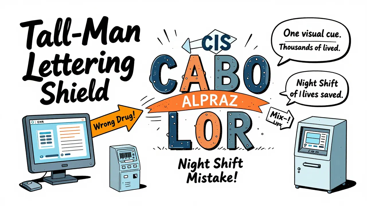A shield made of capitalized drug name segments blocks error arrows, symbolizing how tall-man lettering protects patients from medication mix-ups.