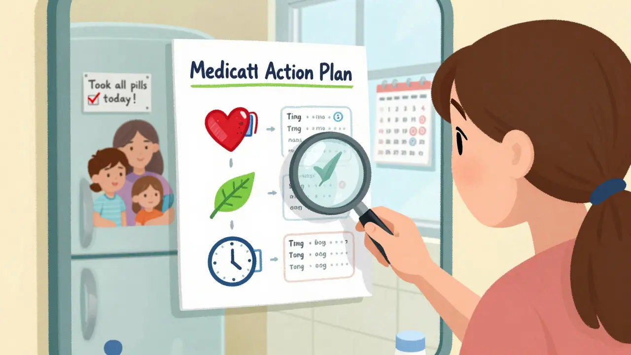 A woman tapes a colorful, icon-based medication plan to her bathroom mirror with daily reminders.