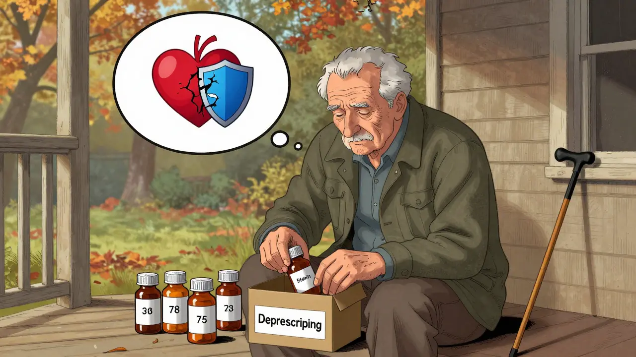 An elderly man surrounded by medication bottles, placing his statin pill into a deprescribing box on his porch.