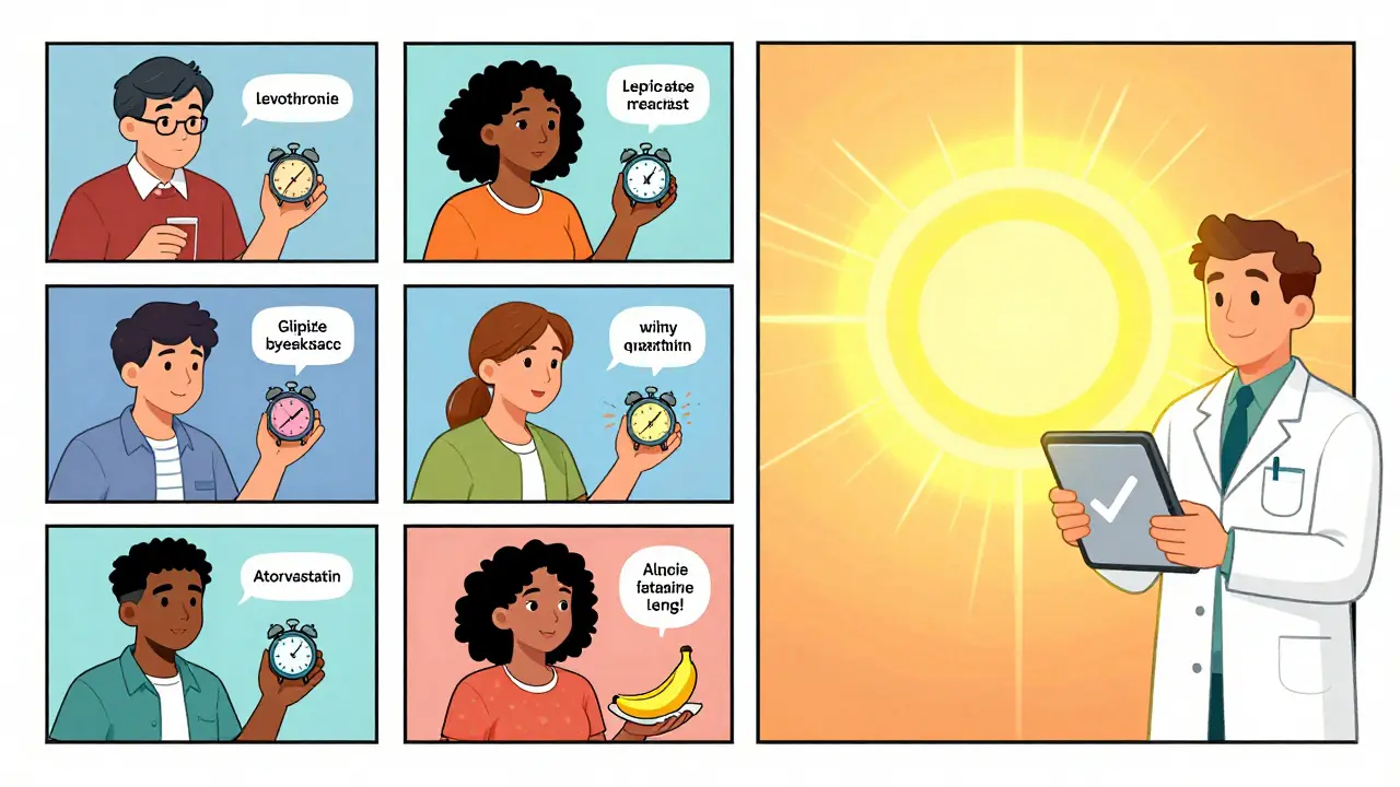 Diverse people timing medications with alarms and apps, guided by a pharmacist, under a rising sun symbolizing personalized circadian dosing.
