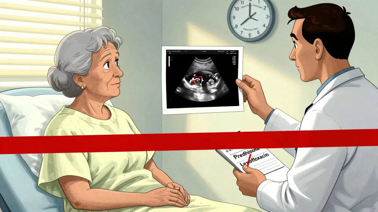 Elderly woman viewing an ultrasound of a torn tendon while a doctor crosses out dangerous prescriptions.