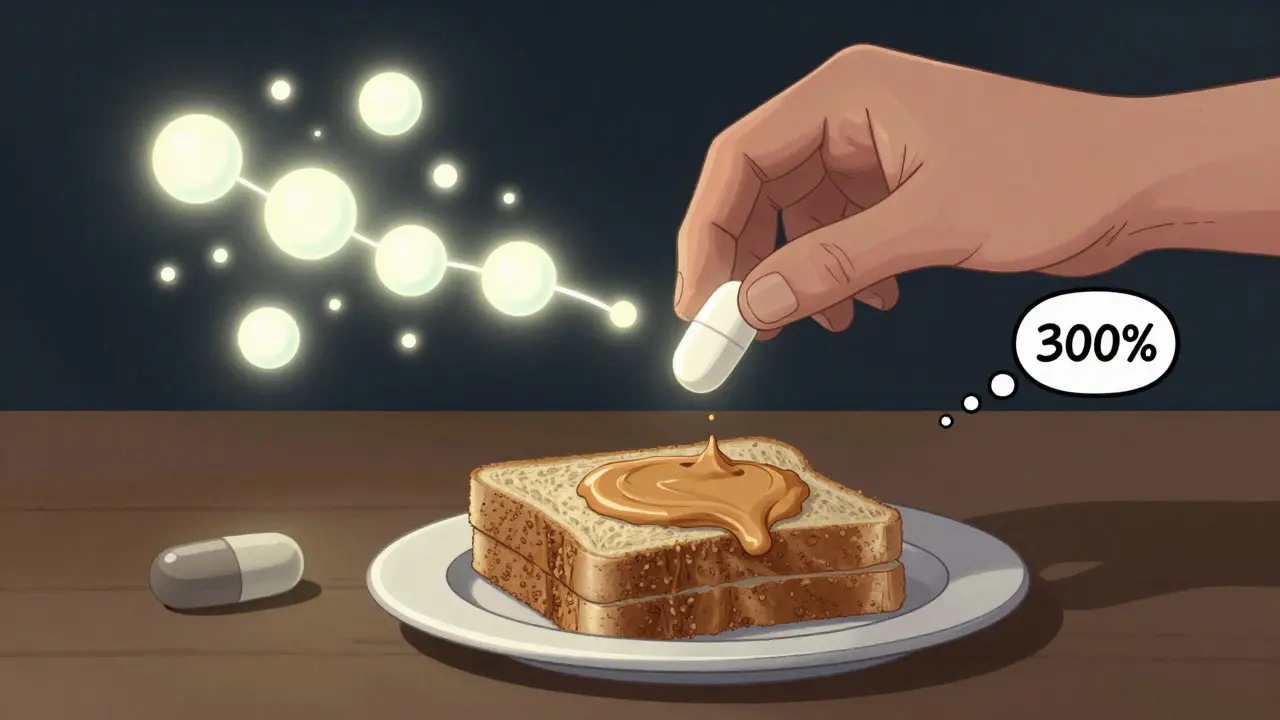 Someone taking antifungal pill with peanut butter sandwich as fat molecules boost absorption, contrasted with ineffective pill on empty plate.