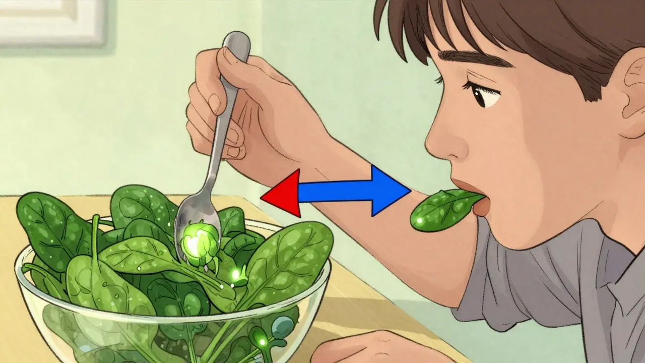 Spinach salad and warfarin pill with conflicting red/blue arrows.