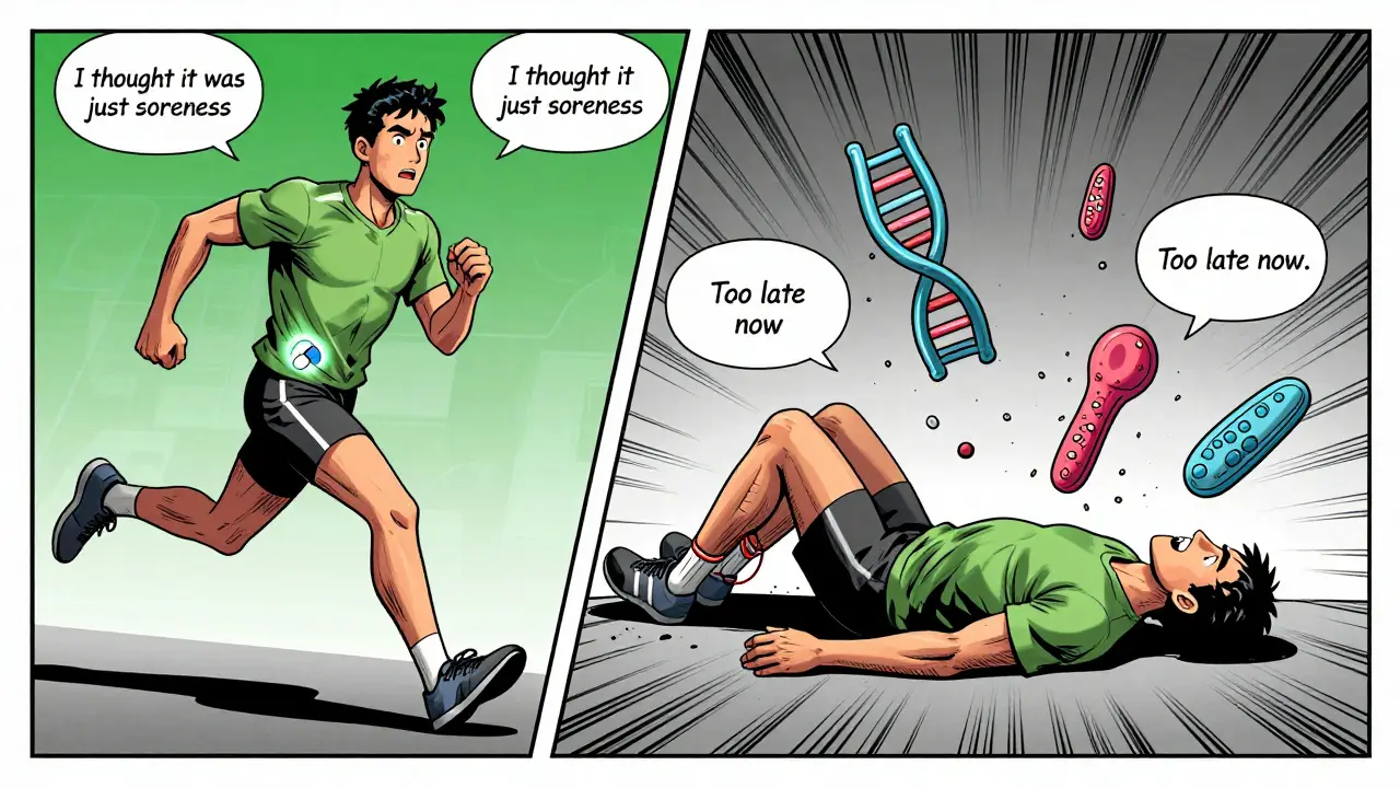 Split-panel comic showing a runner suddenly collapsing as their tendon ruptures with medical symbols crumbling around them.
