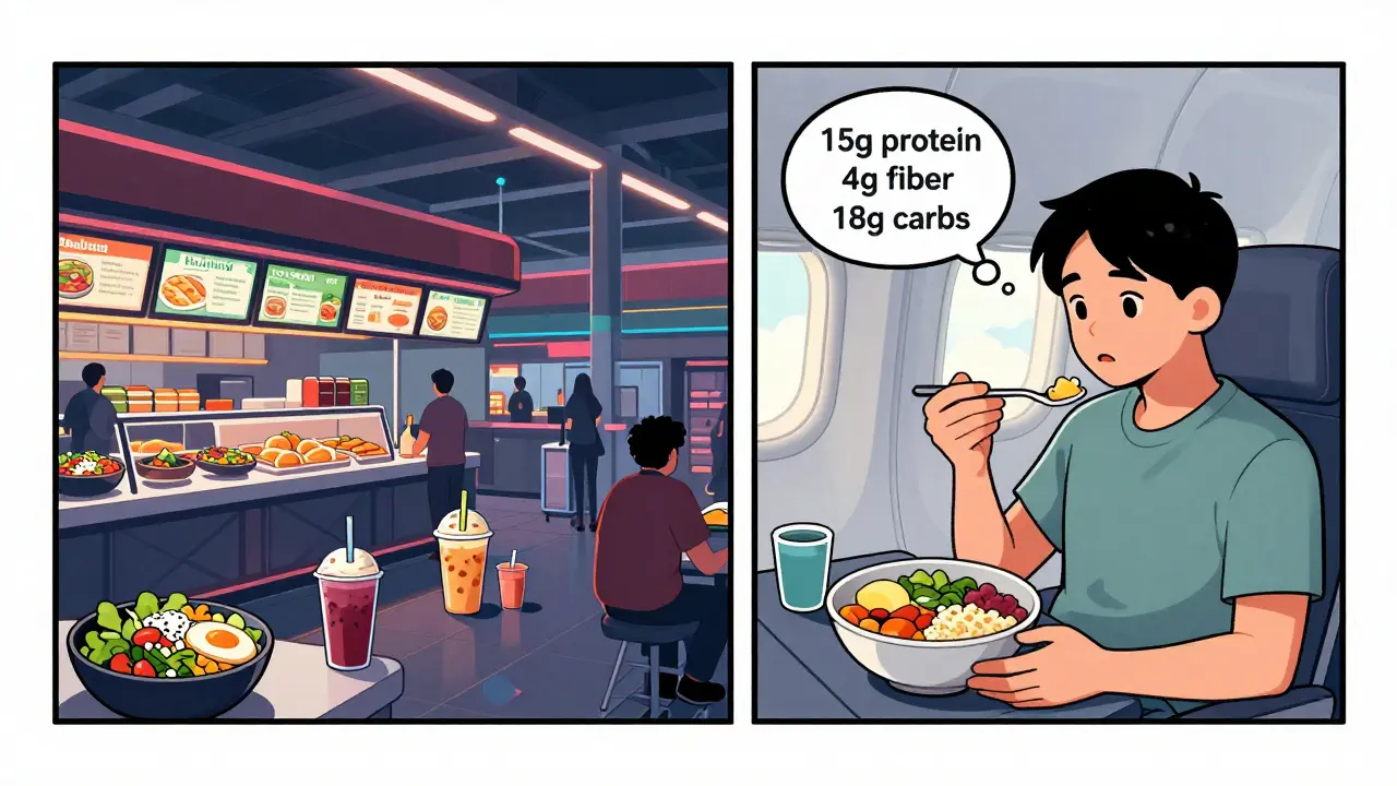 Split scene showing misleading airport food labels on one side and balanced in-flight meal on the other with nutritional breakdown.