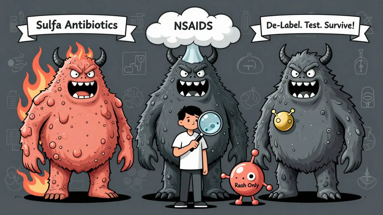 Three drug family monsters, patient using magnifying glass to identify safe medication among them.
