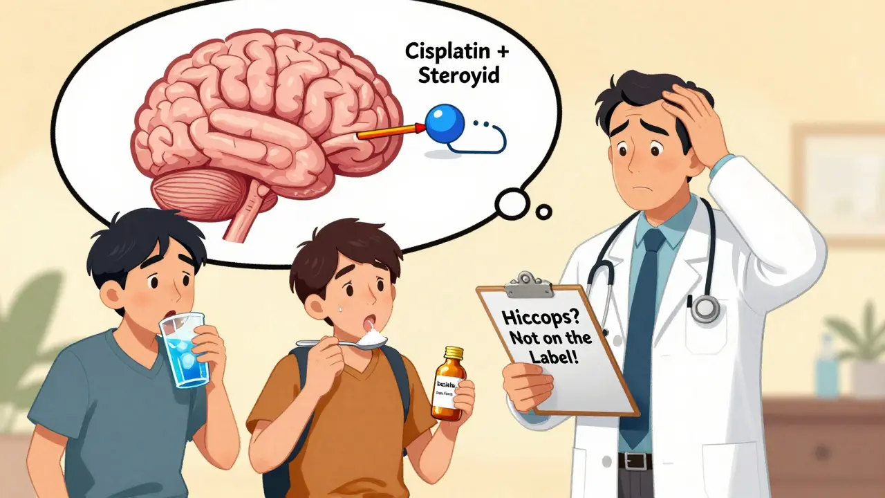A confused doctor faces three patients trying remedies for hiccups, with a brainstem thought bubble showing drug interference.