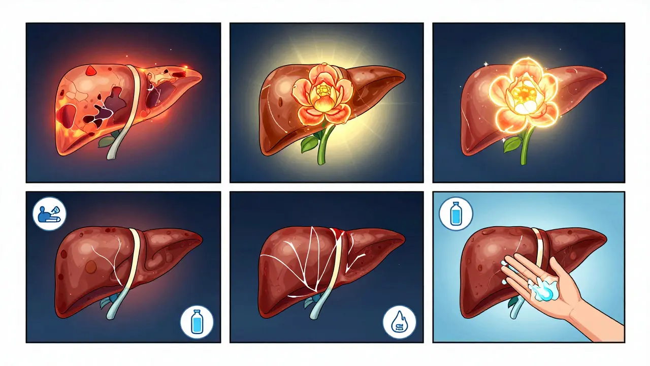 A liver healing over time in four panels, shown with icons of rest, hydration, and handwashing to illustrate full recovery.