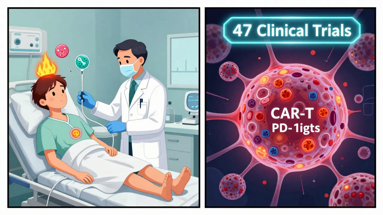 A patient experiences CAR-T side effects on one side, while a next-gen CAR-T cell attacks a solid tumor on the other.