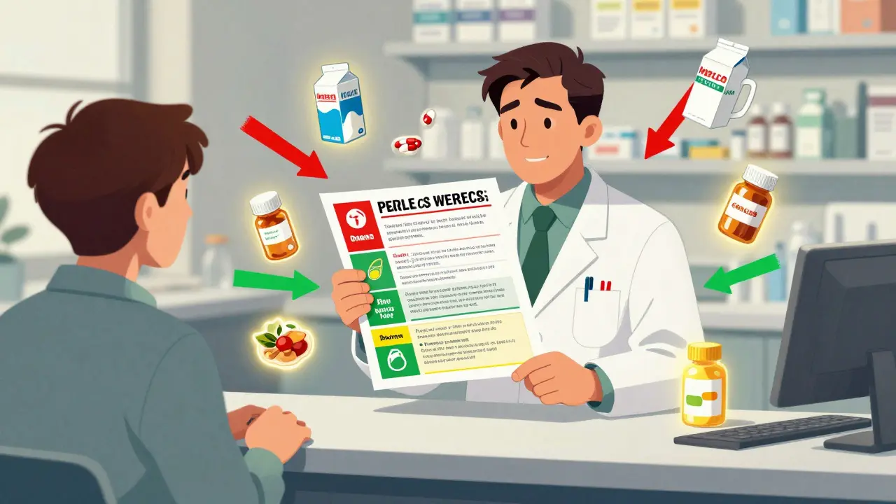 A pharmacist showing a color-coded chart to a patient about food interactions with medications.