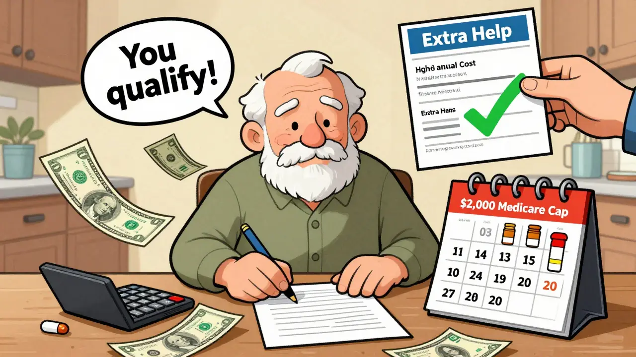 An elderly person at home comparing high prescription costs with the ,000 Medicare out-of-pocket cap in 2025.