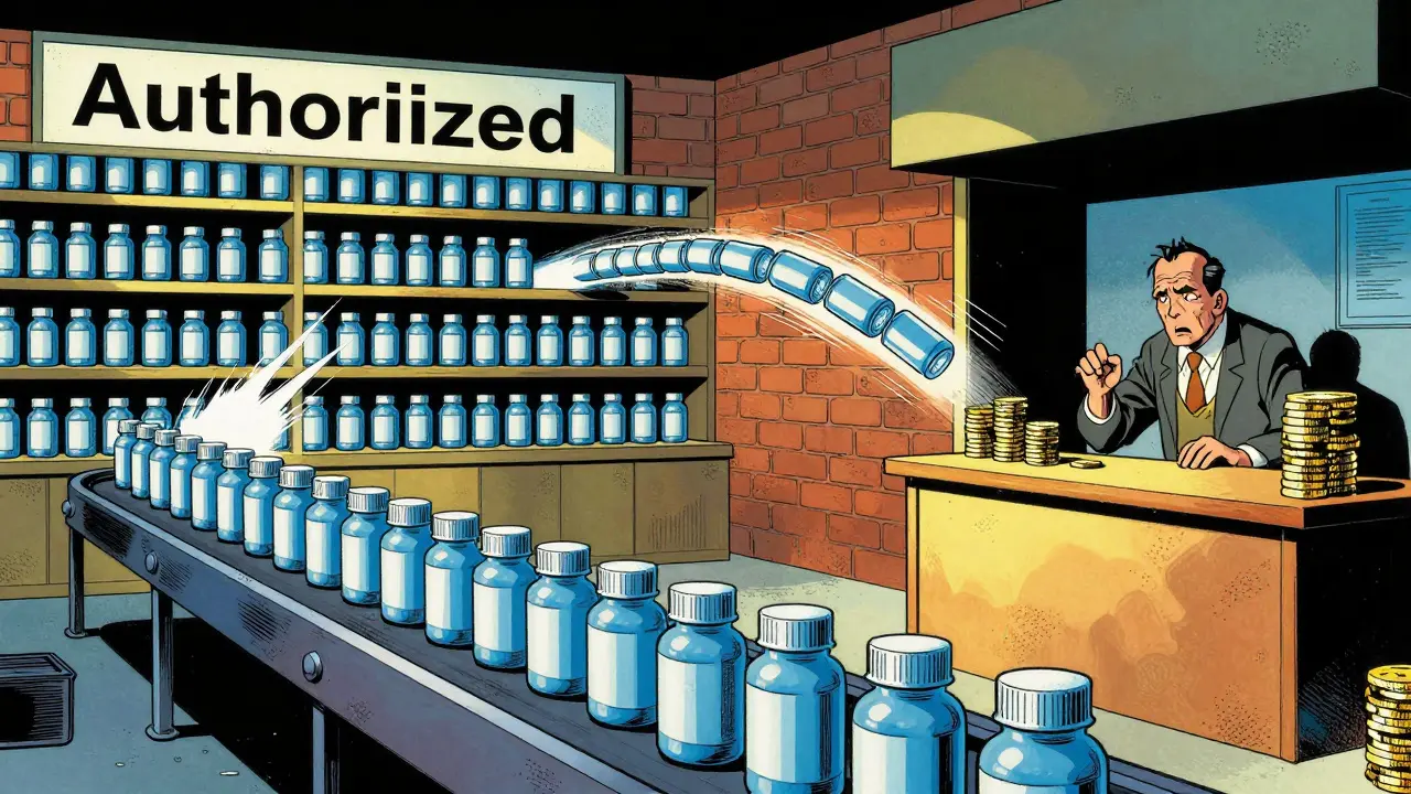 Comic art showing medicine bottles flooding a market and reducing competitor sales.