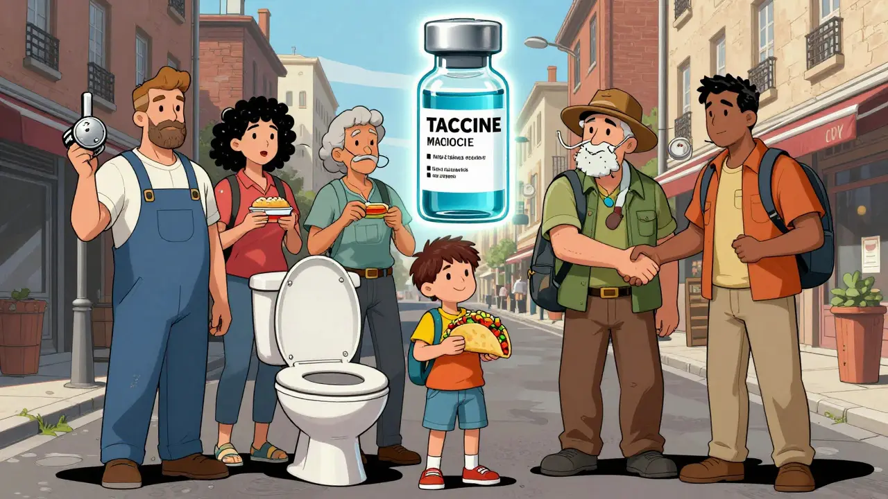 Diverse people holding objects representing hepatitis A transmission routes, with a glowing vaccine vial above them symbolizing prevention.