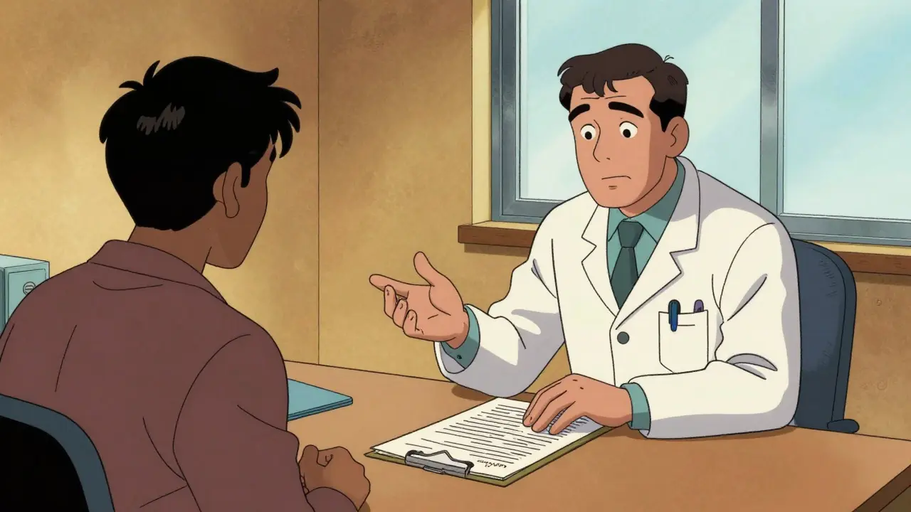 Doctor consulting with patient over health insurance documents