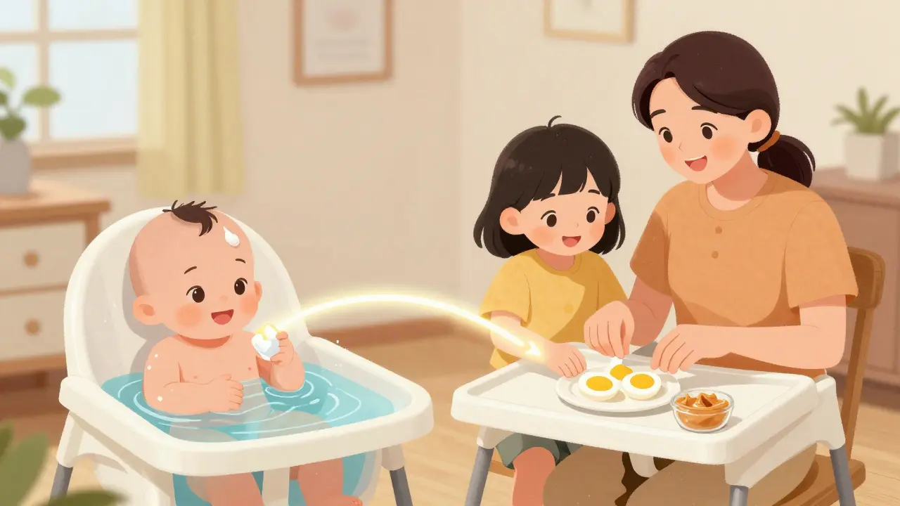 Family applying moisturizer after bath and introducing peanut and egg early to reduce allergy risk in a warm home setting.