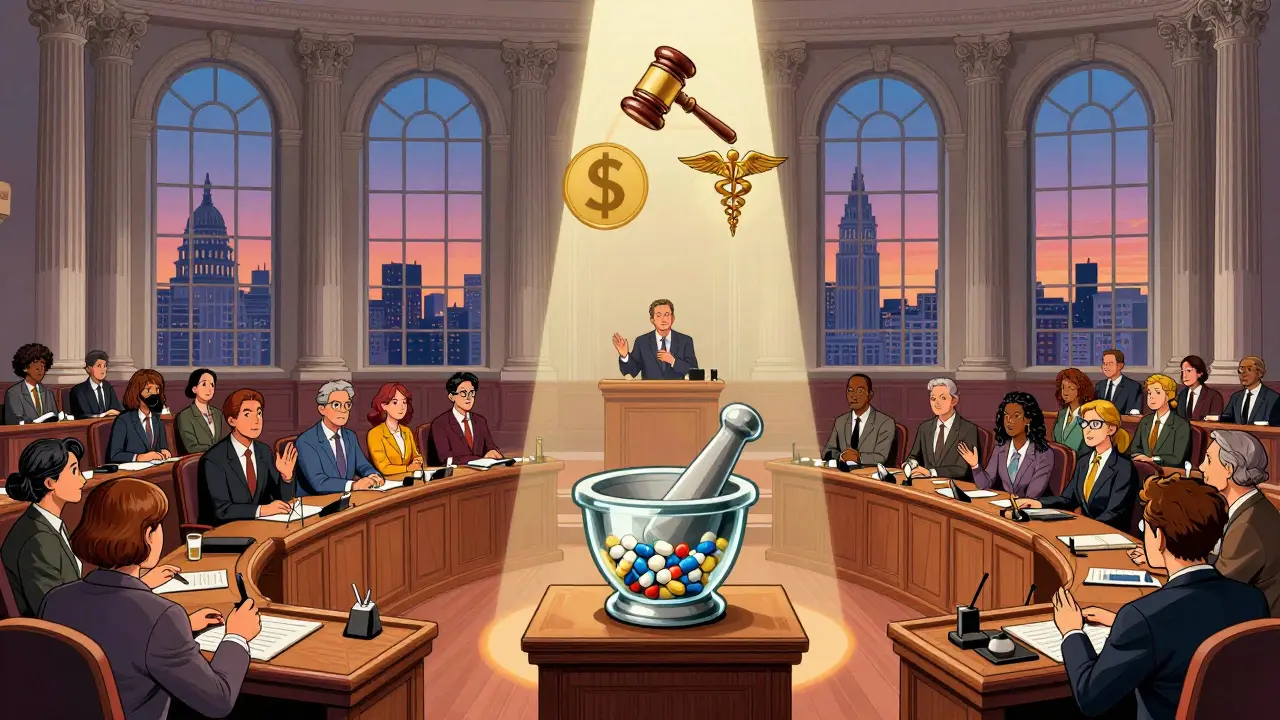 Illustration of legislators debating drug policies around a symbol of medicine.