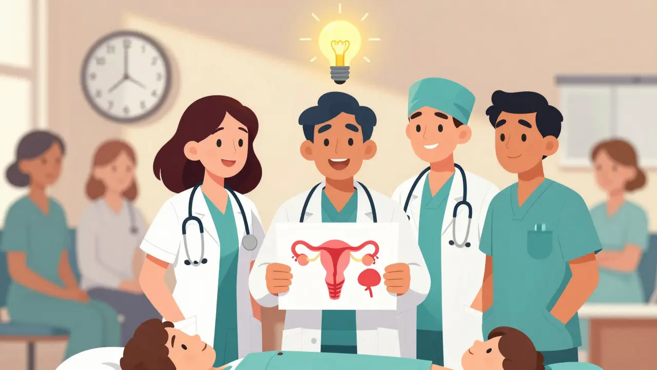 Medical team collaborating around a patient with intertwined uterus and bladder symbols above them.