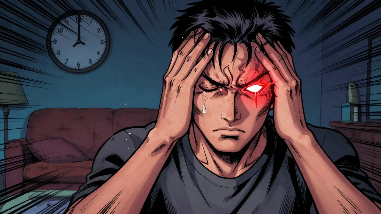 Pacing figure with severe eye pain and clock motif in background.