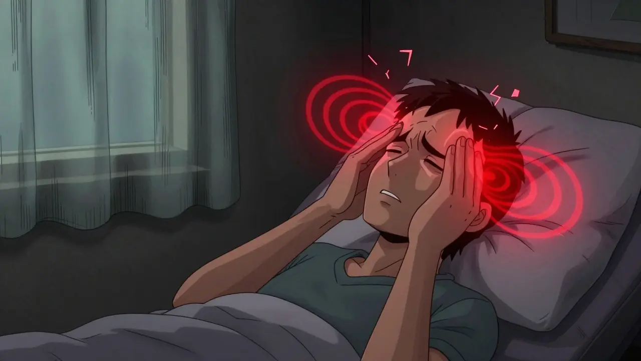 Patient in dark room with pulsating pain waves and visual aura flashes.