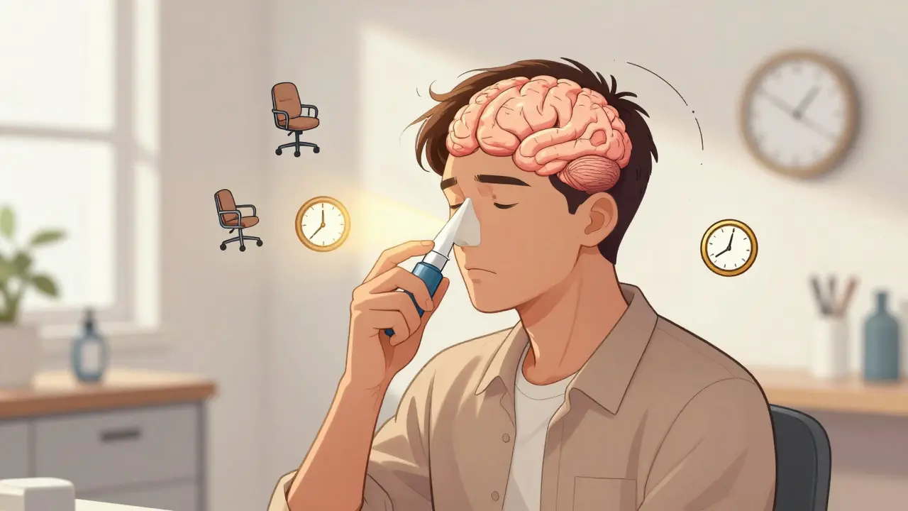 Person using esketamine nasal spray in a calm clinic setting with gentle light effects.